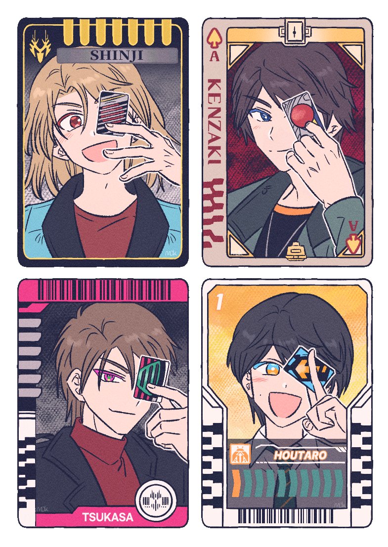4boys, barcode, brown_hair, card, holding, holding_card, ichinose_houtarou, kadoya_tsukasa, kamen_rider, kamen_rider_blade, kamen_rider_blade_(series), kamen_rider_decade, kamen_rider_gotchard, kamen_rider_gotchard_(series), kamen_rider_ryuki, kamen_rider_ryuki_(series), kenzaki_kazuma, kidou_shinji, mok921, multiple_boys, necktie, open_mouth, red_eyes, red_shirt, shirt, smile