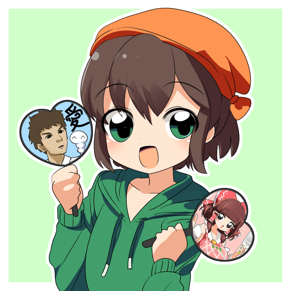 1boy, bandana, blush, brown_hair, commentary_request, cookie_(touhou), green_background, green_eyes, green_hoodie, gunshi_minoru, hand_fan, holding, holding_fan, hood, hood_down, hoodie, indie_virtual_youtuber, lets0020, long_sleeves, looking_at_viewer, male_focus, open_mouth, orange_bandana, rurima_(cookie), short_hair, smile, sn_(zigzagspark6)_(character), solo, two-tone_background, upper_body, virtual_youtuber