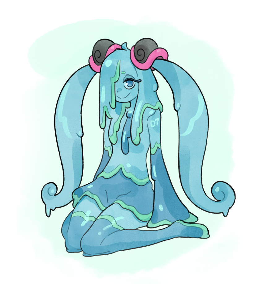 1girl, absurdres, blue_eyes, blue_hair, doodlelotl, elbow_sleeve, hair_ornament, hair_over_one_eye