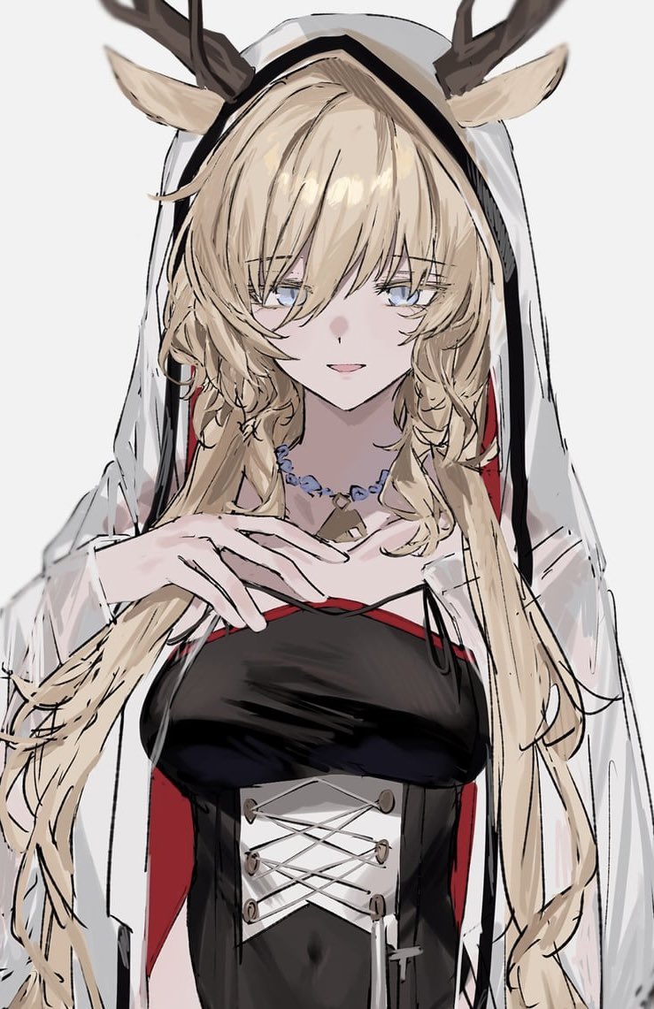 1girl, animal_ears, antlers, antlers_through_headwear, aogisa, arknights, black_dress, blonde_hair, blue_eyes, breasts, dress, ears_through_headwear, horns, jewelry, large_breasts, looking_at_viewer, moose_antlers, moose_ears, moose_girl, necklace, parted_lips, simple_background, solo, upper_body, viviana_(arknights), white_background, white_hood