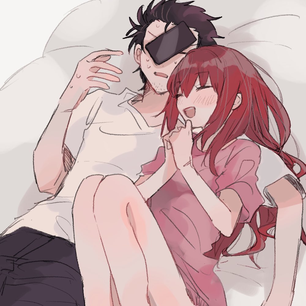 1boy, 1girl, bean_bag_chair, beard_stubble, black_hair, black_shorts, blush, breasts, casual, cellphone, closed_eyes, commentary_request, couple, dress, dropping, facial_hair, feet_out_of_frame, from_side, hetero, knees_up, laughing, legs, long_hair, loose_hair_strand, lying, makise_kurisu, messy_hair, okabe_rintarou, open_mouth, phone, pink_dress, redhead, shirt, short_dress, short_sleeves, shorts, side-by-side, sidelocks, simple_background, small_breasts, smartphone, spiky_hair, steins;gate, stubble, suehiroch0, t-shirt, white_background, white_shirt