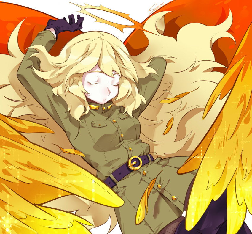 1girl, angel, angel_wings, blonde_hair, boots, closed_eyes, funamusea, halo