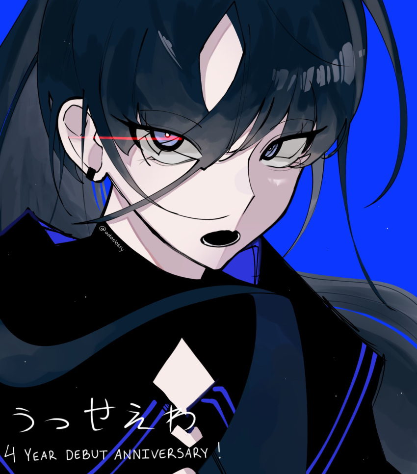 1girl, ado_(utaite), black_hair, blu_(adosbery), blue_background, blue_eyes, commentary, earclip