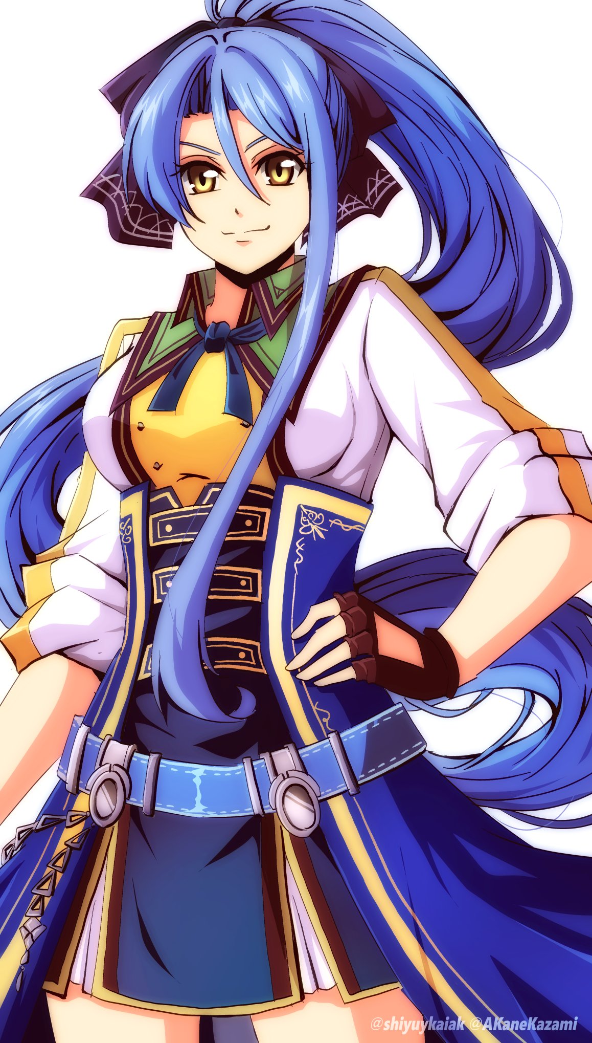 1girl, akane_kazami, blue_hair, breasts, eiyuu_densetsu, fingerless_gloves, floating_hair, gloves