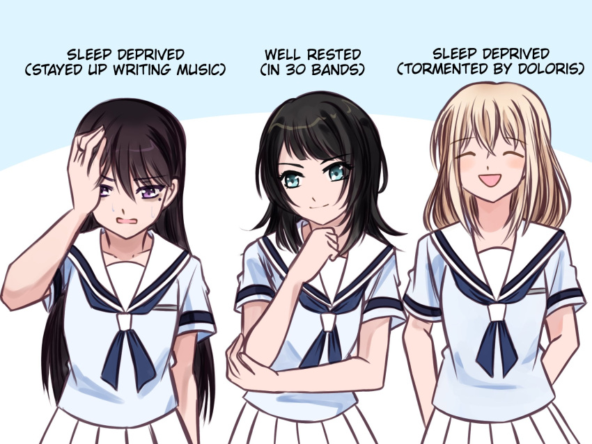 3girls, ^_^, arms_behind_back, bang_dream!, bang_dream!_it's_mygo!!!!!, black_hair, blonde_hair, blue_neckerchief