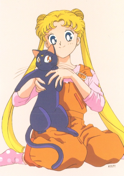 bishoujo_senshi_sailor_moon, blonde_hair, blue_eyes, cat, footwear, kazu., luna_(sailor_moon), official_art, overalls, smile, socks, tsukino_usagi, twintails