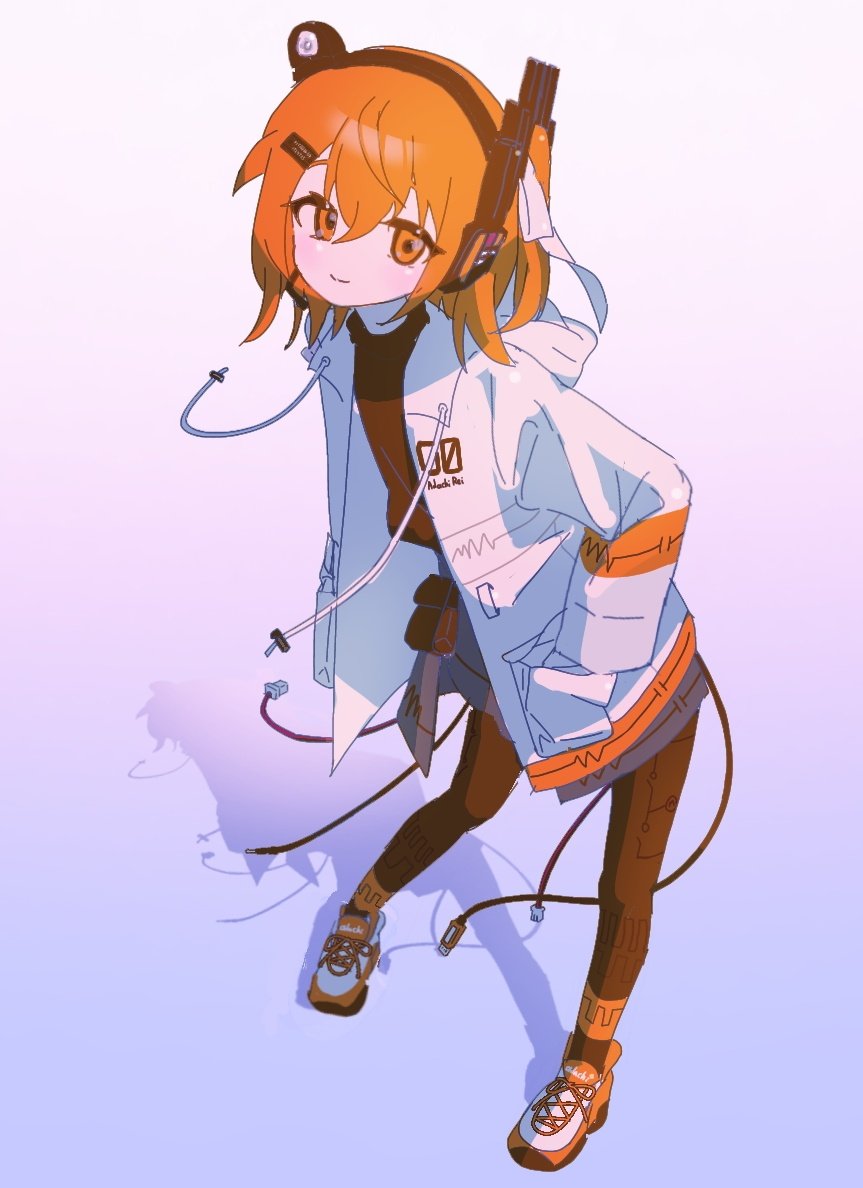 1girl, a.i._voice, adachi_rei, black_headphones, black_pantyhose, hand_in_pocket, headphones, hood, hood_down, hooded_jacket, jacket, kondenai613, looking_at_viewer, orange_eyes, orange_hair, pantyhose, shadow, smile, standing, utau, white_footwear, white_jacket