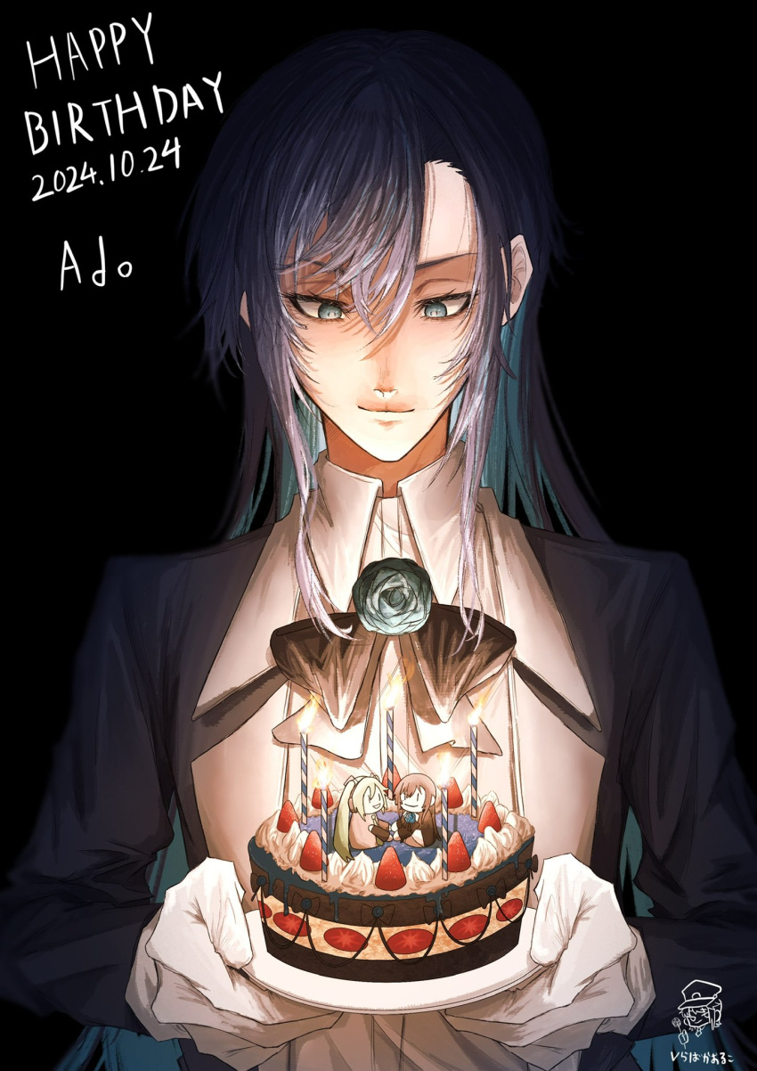 1girl, ado_(utaite), artist_name, birthday_cake, black_background, black_bow, black_bowtie, black_coat, black_hair, blue_eyes, blue_flower, blue_hair, blue_rose, bow, bowtie, cake, candle, chando_(ado), character_name, closed_mouth, coat, collared_shirt, colored_inner_hair, commentary_request, dated, dress_shirt, flower, food, gloves, hair_between_eyes, happy_birthday, hatsune_miku, highres, holding, holding_plate, koruko_(kaoruko67000), mole, mole_under_eye, multicolored_hair, open_clothes, open_coat, plate, rose, shirt, sidelocks, simple_background, solo, utaite, vocaloid, white_gloves, white_shirt