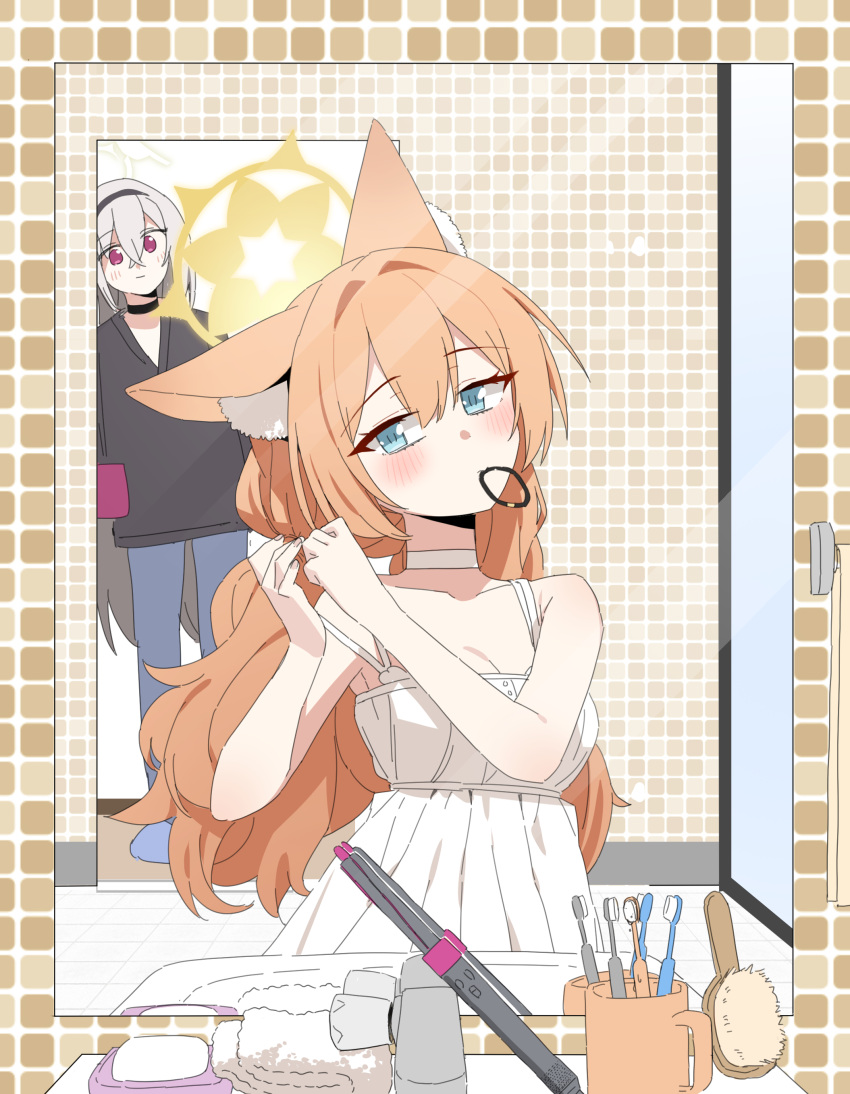 2girls, absurdres, adjusting_hair, alternate_costume, animal_ears, b.t._(boob_tong), blue_archive, blue_eyes