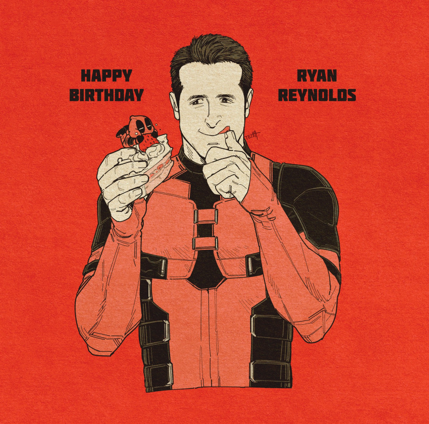 2boys, bodysuit, brown_hair, cake, chibi, commentary_request, deadpool, deadpool_&amp;_wolverine