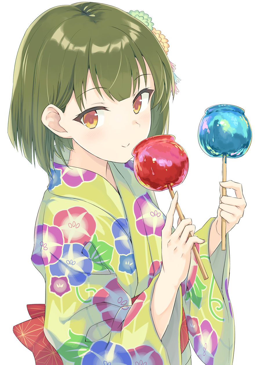 1girl, ban_tsugumi, brown_eyes, candy_apple, closed_mouth, commentary_request, floral_print, floral_print_kimono
