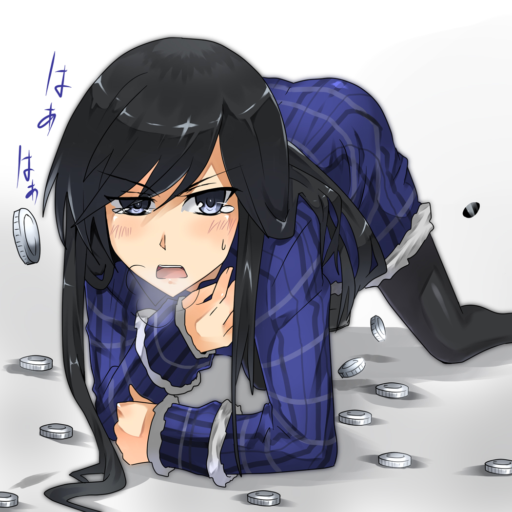 all_fours, black_hair, heavy_breathing, kamen_rider, kamen_rider_ooo_(series), long_hair, medal, mezul