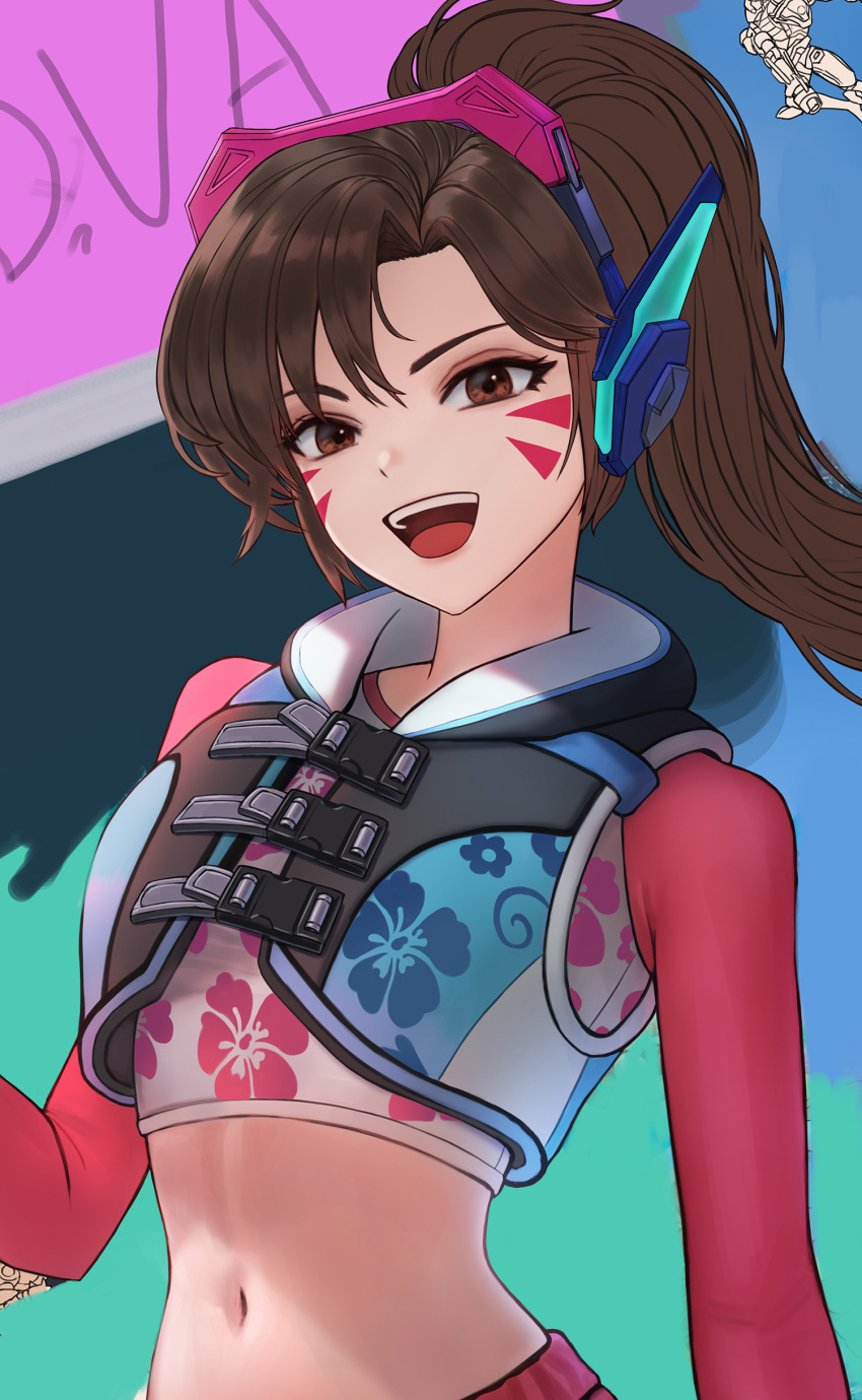 1girl, absurdres, brown_eyes, brown_hair, d.va_(overwatch), eruthu, facial_mark, flower