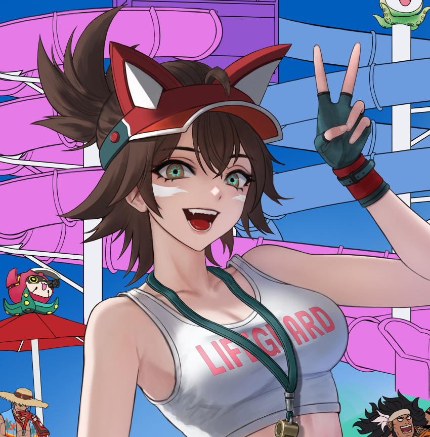 1girl, 2boys, black_gloves, blowing_whistle, brown_eyes, cassidy_(overwatch), cropped_torso, eruthu