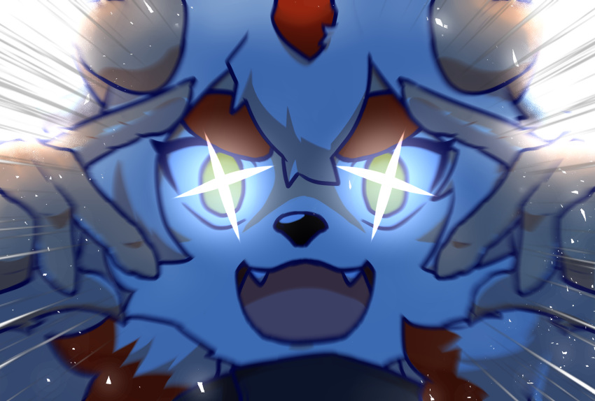 1boy, arknights, colored_tips, derivative_work, english_commentary, fangs, furry, furry_male, highres, horns, hung_(arknights), komainu_boy, komainu_ears, kotakonn, looking_at_viewer, male_focus, meme, miku_miku_beaaaam!!_(meme), multicolored_hair, open_mouth, single_horn, smile, sparkling_eyes, vocaloid, yellow_eyes