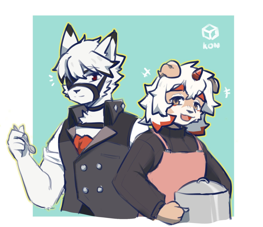 2boys, animal_ears, apron, arknights, artist_logo, artist_name, ascot, black_sweater, butler, closed_mouth, colored_tips, english_commentary, furry, furry_male, grey_vest, highres, holding, holding_cooking_pot, holding_spoon, horns, hung_(arknights), komainu_boy, komainu_ears, kotakonn, looking_at_viewer, male_focus, multicolored_hair, multiple_boys, notice_lines, open_mouth, orange_eyes, pink_apron, red_ascot, red_eyes, shirt, single_horn, sleeves_rolled_up, smile, spoon, sweater, turtleneck, turtleneck_sweater, upper_body, vest, von_lycaon, white_shirt, wolf_boy, wolf_ears, zenless_zone_zero