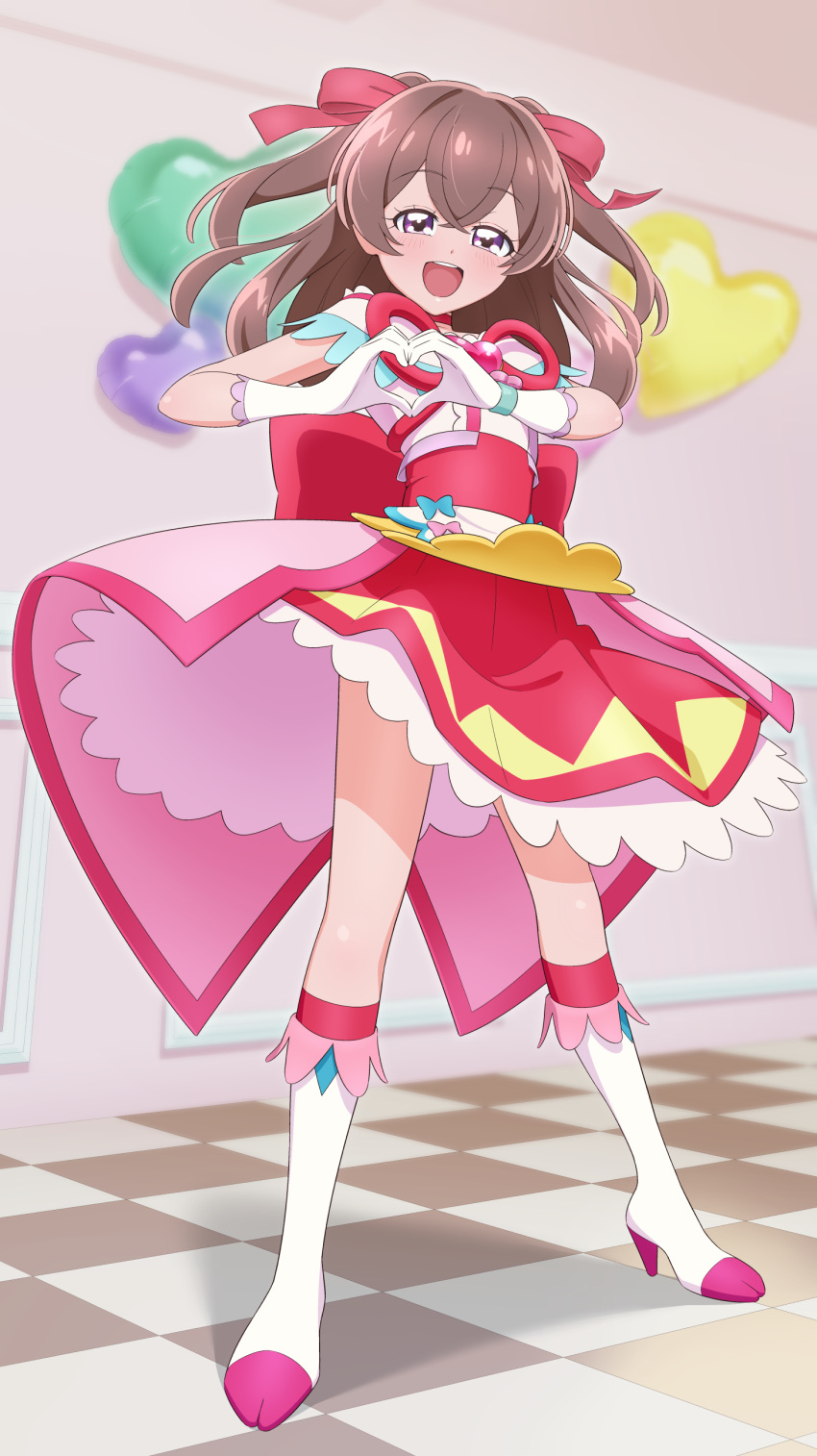 1girl, :d, absurdres, apron, back_bow, balloon, bare_shoulders, blurry