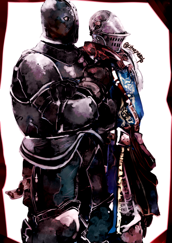 1boy, 1other, ambiguous_gender, anri_of_astora, armor, cape, commentary_request, crossed_arms