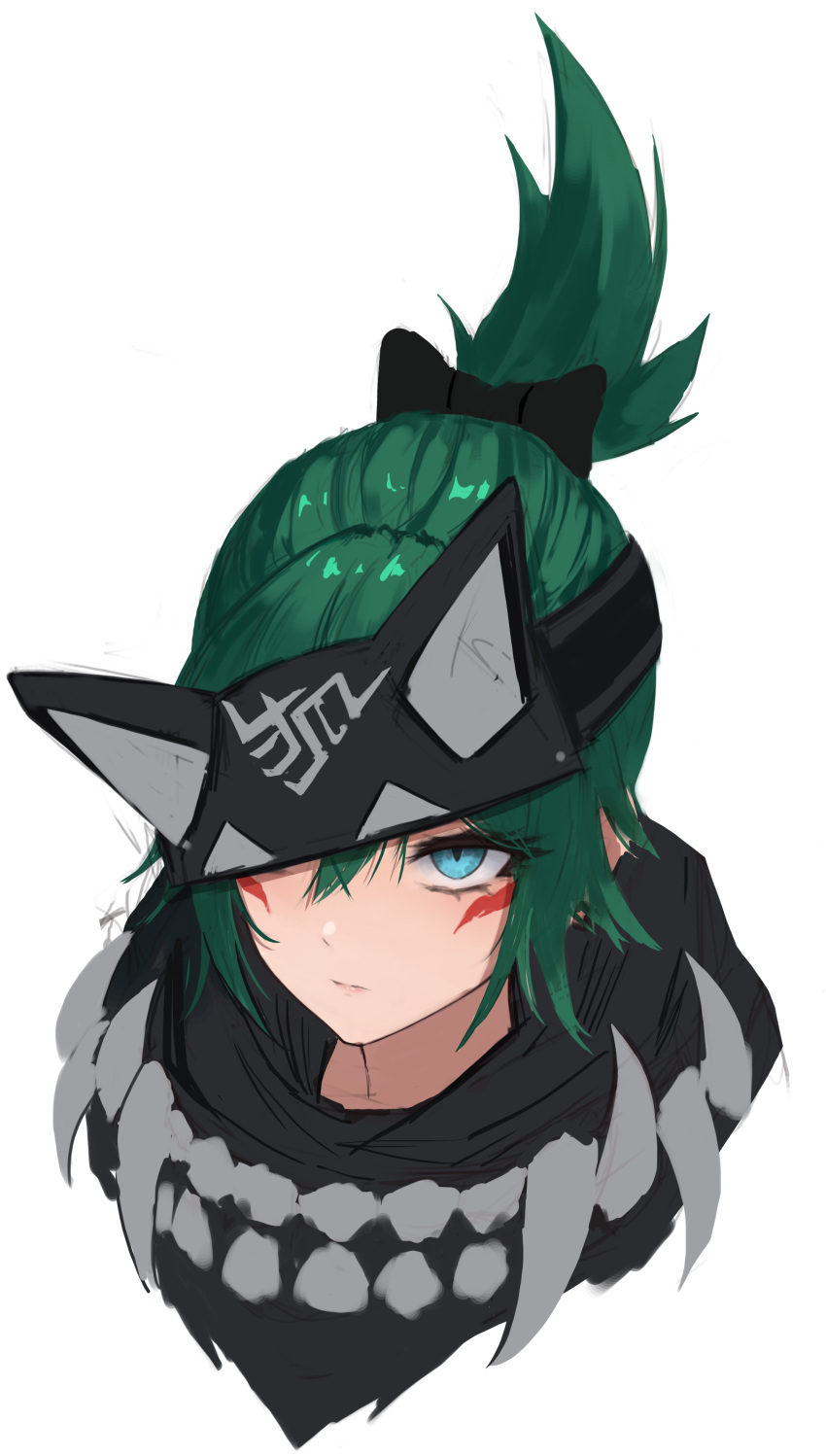 1girl, absurdres, alternate_color, black_mask, black_ribbon, blue_eyes, cropped_shoulders, eruthu