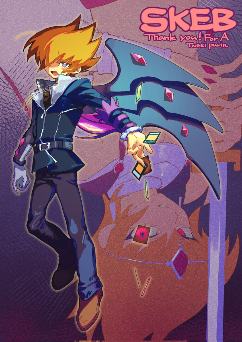 1boy, card, dark_persona, full_body, hair_between_eyes, highres, holding, holding_card