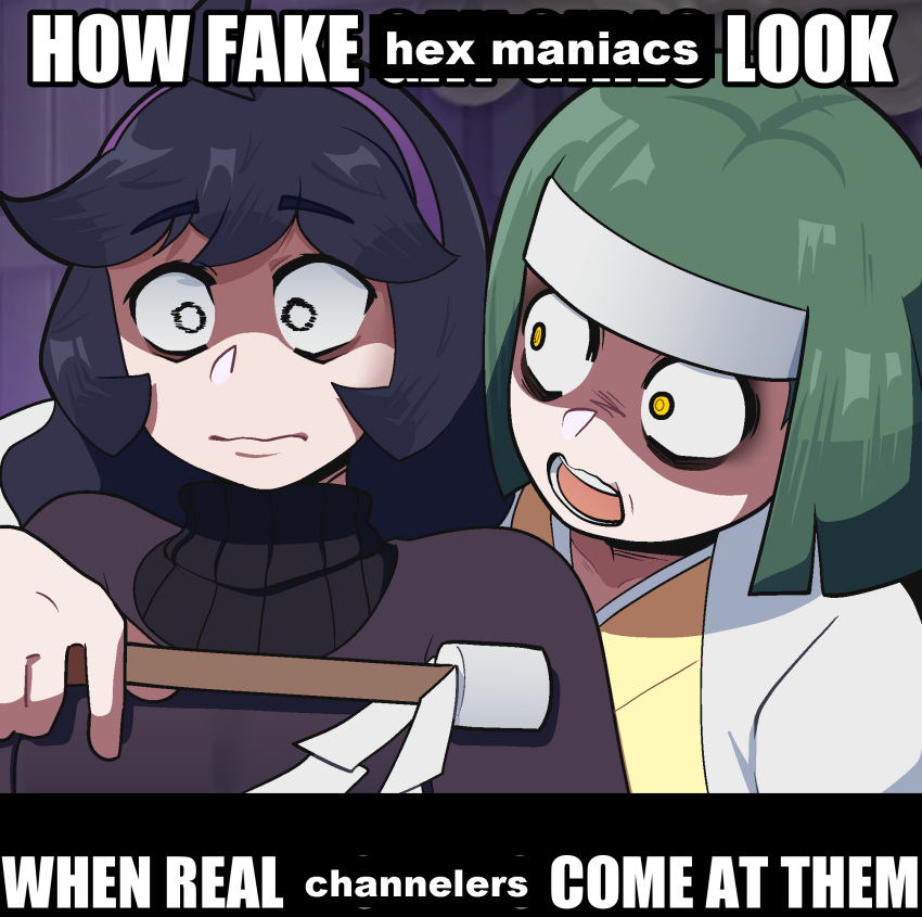 2girls, bags_under_eyes, black_hair, channeler_(pokemon), commentary, delatoid, english_commentary, english_text
