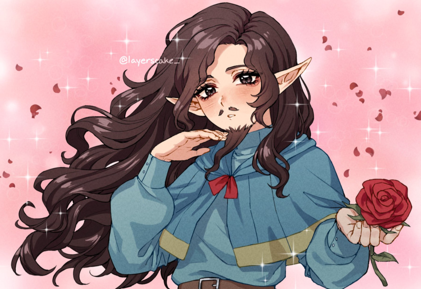 1boy, alternate_species, bishie_sparkle, brown_hair, dungeon_meshi, elf, facial_hair, flower
