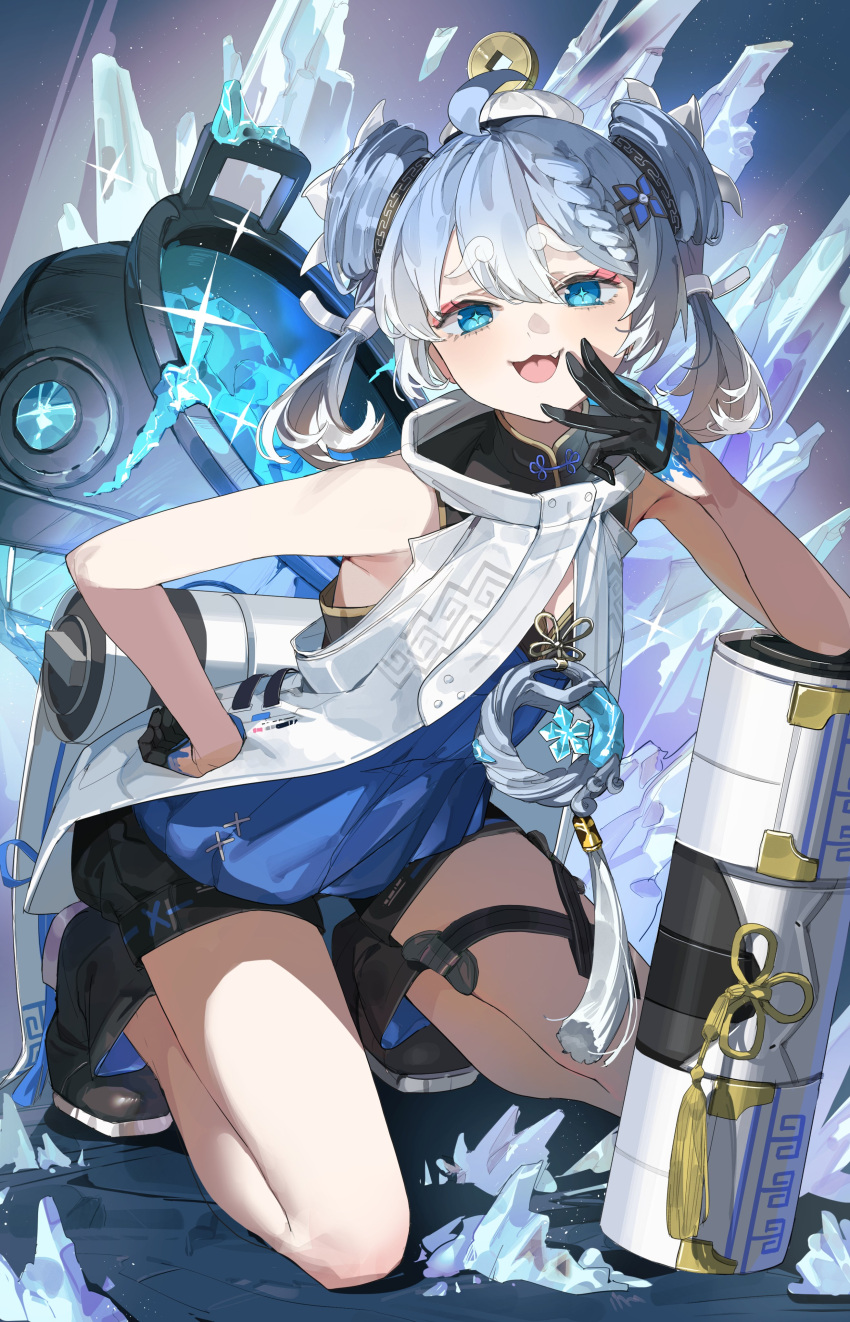 1girl, :d, absurdres, bare_arms, bare_shoulders, black_gloves, black_shorts, blue_eyes