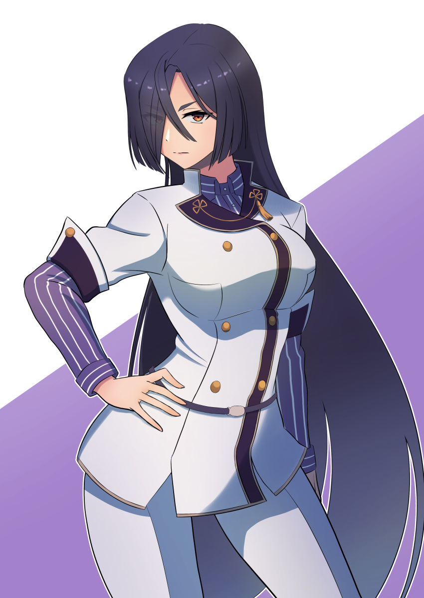 1girl, absurdres, black_hair, breasts, closed_mouth, collared_shirt, commentary_request, contrapposto