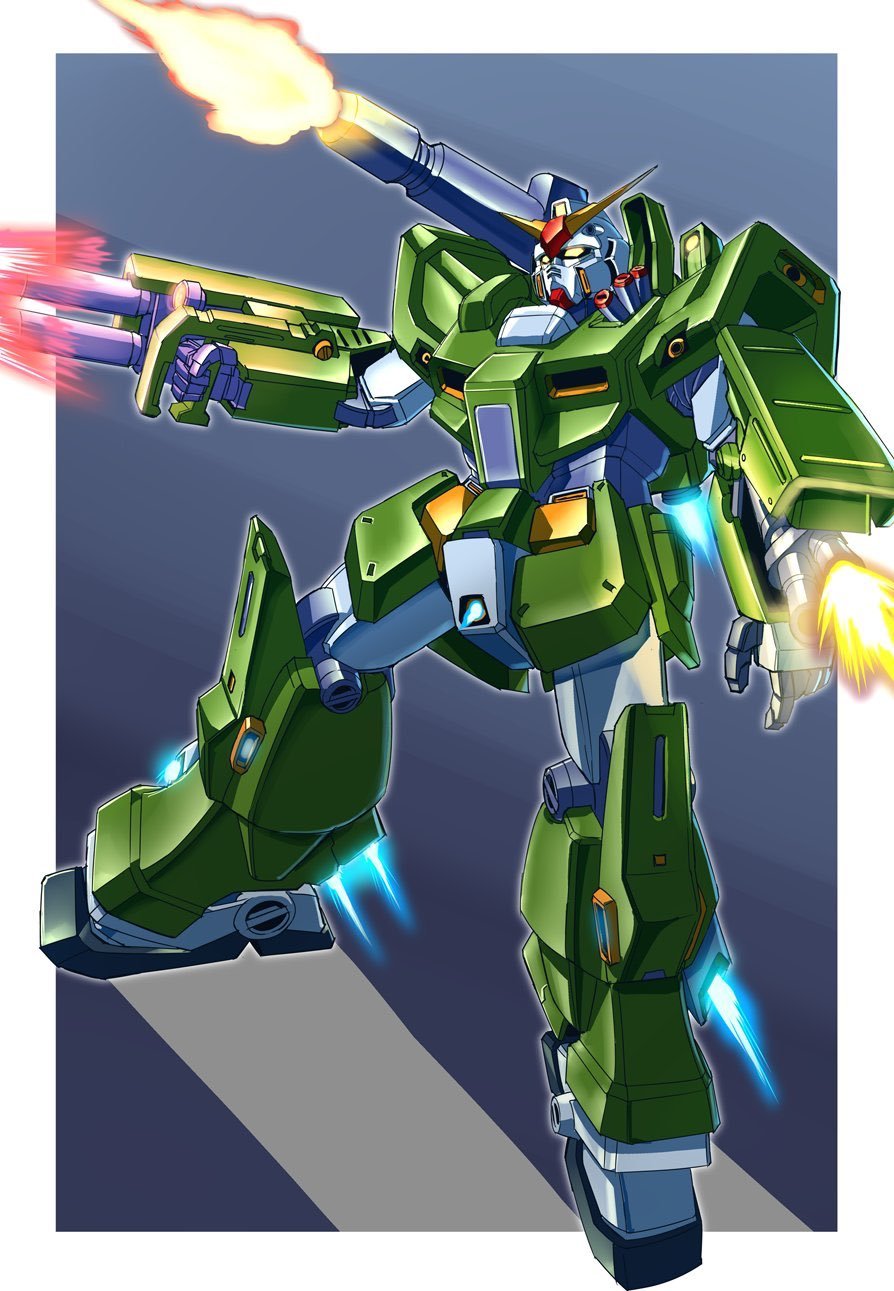 firing, full_armor_alex, gatling_gun, glowing, glowing_eyes, gun, gundam, gundam_0080, gundam_alex, highres, kin-san_(sasuraiga), mecha, missile_pod, mobile_suit, no_humans, robot, science_fiction, shield, shoulder_cannon, v-fin, weapon, yellow_eyes