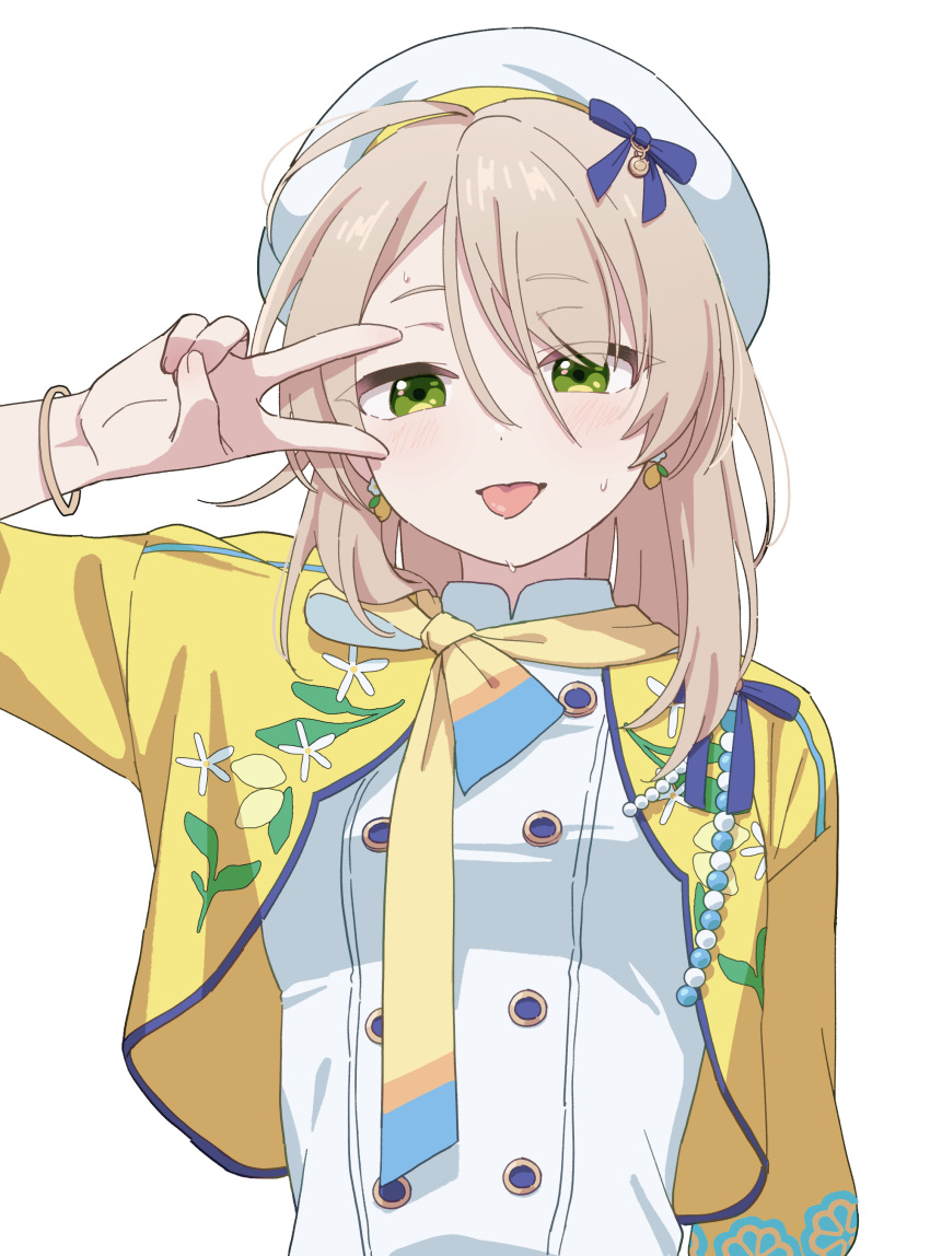 1girl, :p, absurdres, ahoge, arm_at_side, beret, blonde_hair, blue_bow, bow, bracelet, breasts, closed_mouth, collared_shirt, cropped_jacket, dot_nose, earrings, ensemble_stars!, food, food-themed_earrings, fruit, genderswap, genderswap_(mtf), green_eyes, hair_between_eyes, hand_up, hat, hat_bow, highres, jacket, jewelry, kesuna, lemon, light_blush, light_smile, long_hair, looking_ahead, looking_at_viewer, mandarin_collar, multicolored_ribbon, neck_ribbon, official_alternate_costume, open_clothes, open_jacket, ribbon, shiratori_aira_(ensemble_stars!), shiratori_aira_(ensemble_stars!)_(sparkle), shirt, simple_background, sleeves_past_elbows, small_breasts, solo, straight-on, sweatdrop, tongue, tongue_out, upper_body, v, v_over_eye, white_background, white_hat, white_shirt, yellow_jacket, yellow_ribbon