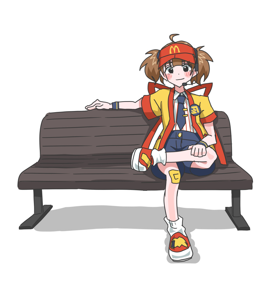 1girl, absurdres, ahoge, back_bow, bandaid, bandaid_on_knee, bandaid_on_leg, bench, black_necktie, black_wristband, blush_stickers, bow, brown_hair, crossed_legs, double_cheese_(mcdonald's), employee_uniform, fast_food_uniform, haori, hashtag-only_commentary, hat, headset, highres, japanese_clothes, kolby, mcdonald's, necktie, red_hat, shirt, short_sleeves, shorts, simple_background, sitting, smile, solo, striped_clothes, striped_shirt, tie_clip, twintails, vertical-striped_clothes, vertical-striped_shirt, visor_cap, white_background, yellow_haori