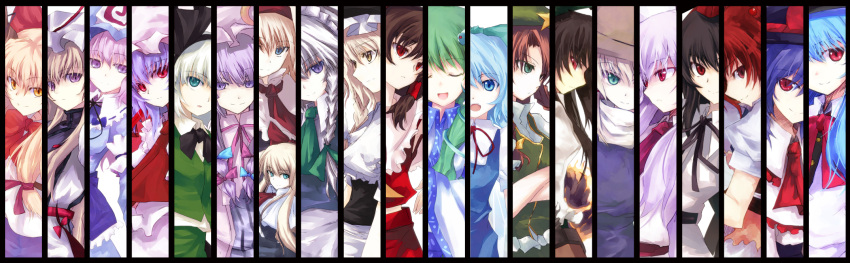alice_margatroid, asagi_shii, cirno, column_lineup, everyone, hakurei_reimu, highres, hinanawi_tenshi, hisago_(pixiv), hong_meiling, ibuki_suika, izayoi_sakuya, kirisame_marisa, kochiya_sanae, konpaku_youmu, moriya_suwako, multiple_girls, nagae_iku, onozuka_komachi, patchouli_knowledge, reisen_udongein_inaba, reiuji_utsuho, remilia_scarlet, saigyouji_yuyuko, scarlet_weather_rhapsody, shameimaru_aya, touhou, touhou_hisoutensoku, yakumo_yukari