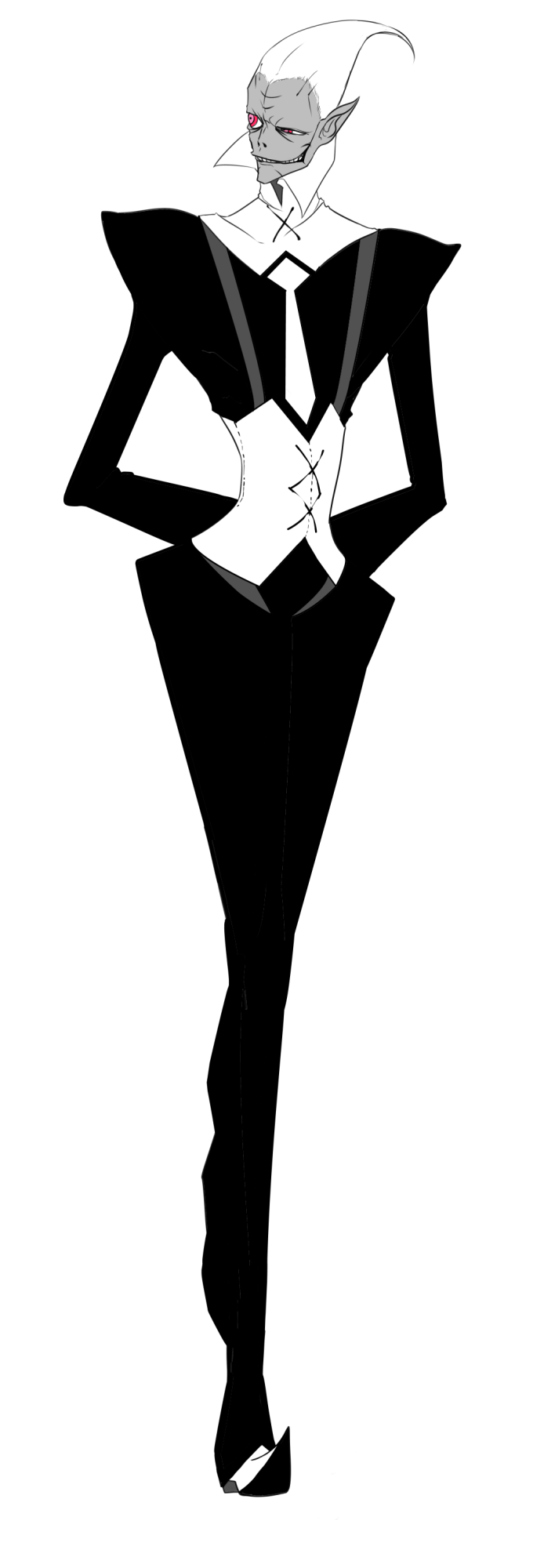 corset, corset_(character), corset_(psg), demon, formal, grey_skin, grin, highres, long_legs, necktie, panty_&amp;_stocking_with_garterbelt, pink_eyes, pointy_ears, popped_collar, skinny, smile, solo, suit, white_hair