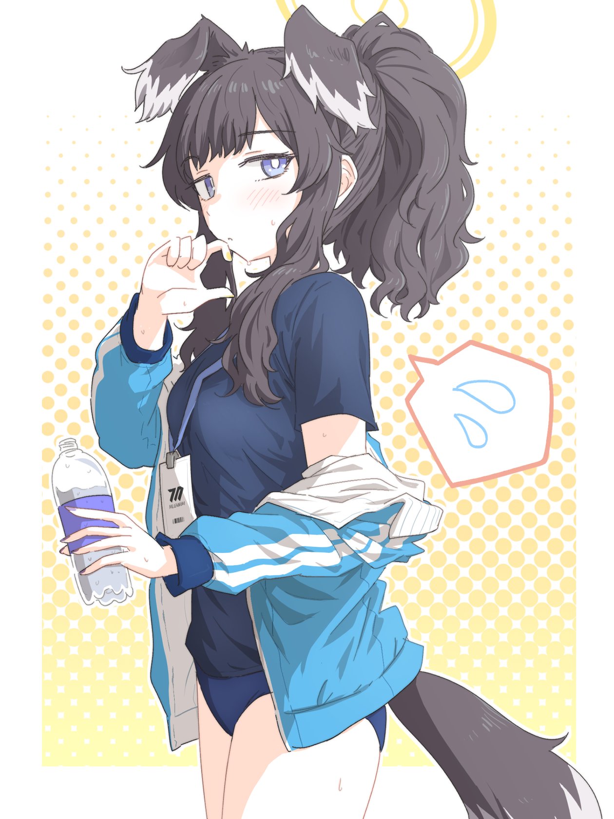 1girl, alternate_costume, animal_ears, blue_archive, blue_eyes, blue_jacket, blue_shirt, blush