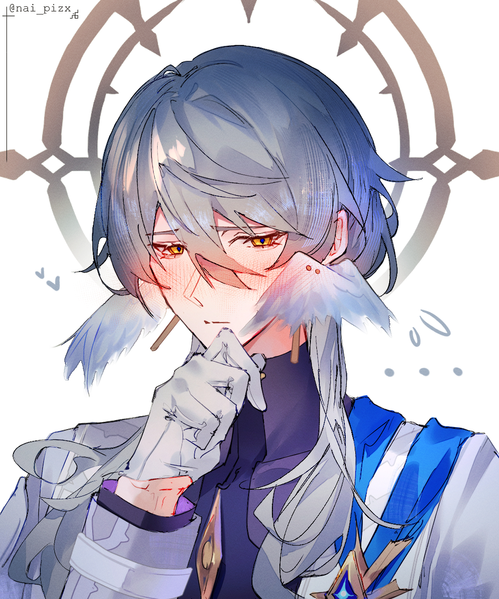 1boy, aegyo_sal, blush, closed_mouth, ear_blush, earrings, embarrassed, flying_sweatdrops