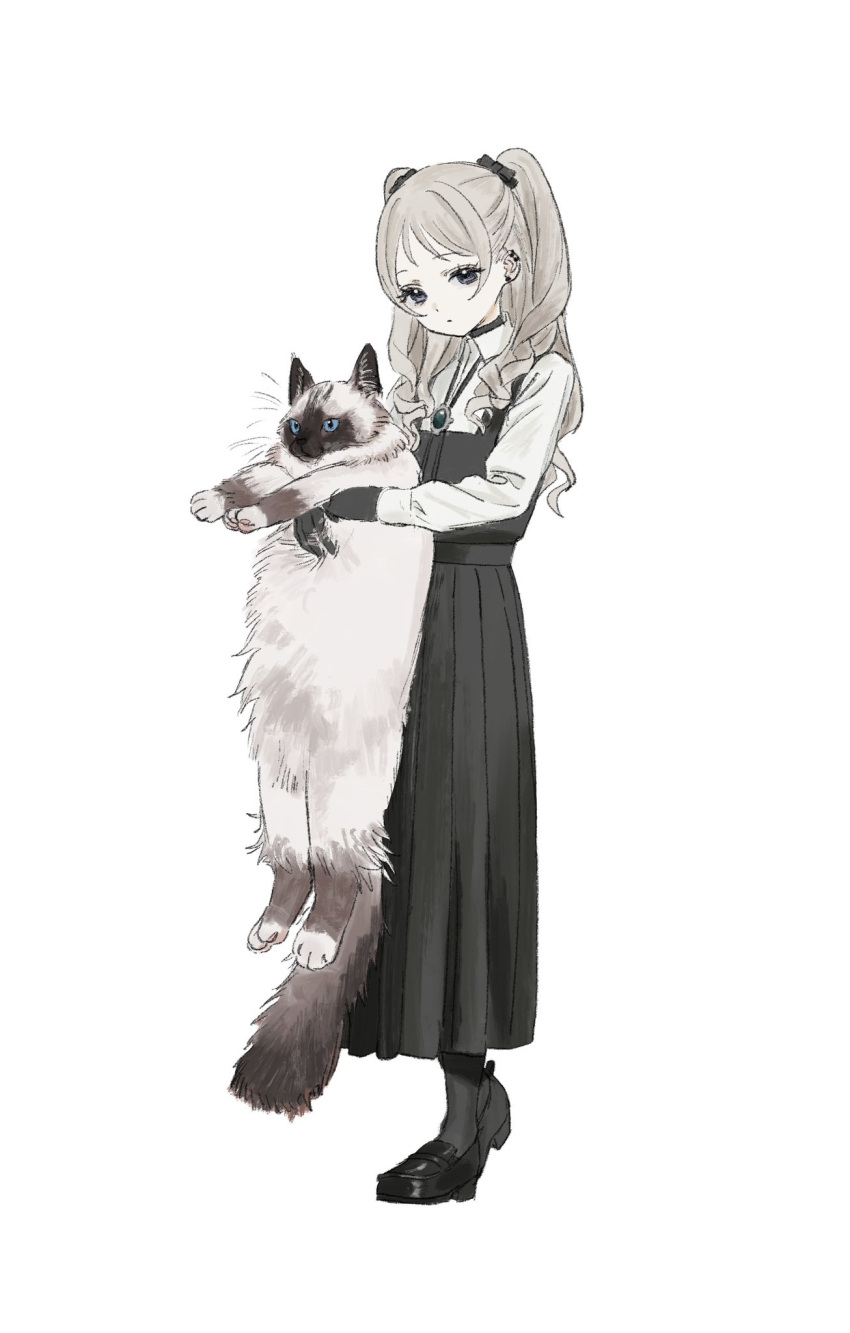 1girl, animal, black_bow, black_dress, black_footwear, black_gloves, black_pantyhose, bolo_tie, bow, cat, closed_mouth, collared_shirt, curly_hair, dress, ear_piercing, earrings, expressionless, full_body, gloves, gomibako_(gomibako_price), grey_hair, hair_bow, highres, holding, holding_animal, jewelry, loafers, long_hair, long_skirt, long_sleeves, original, pantyhose, piercing, pinafore_dress, ragdoll_(cat), shirt, shoes, simple_background, skirt, sleeveless, sleeveless_dress, solo, twintails, violet_eyes, white_background, white_shirt, yukino_kanna_(gomibako_(gomibako_price))