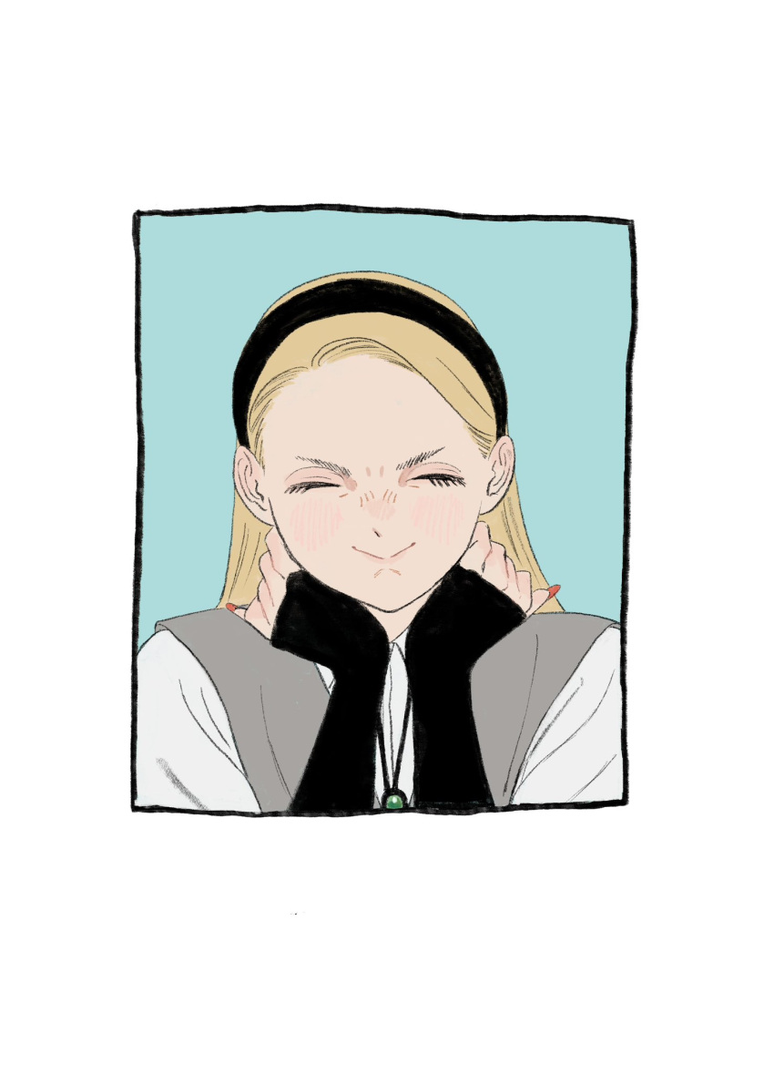 1girl, :>, arm_warmers, black_border, blonde_hair, blue_background, blush, bolo_tie