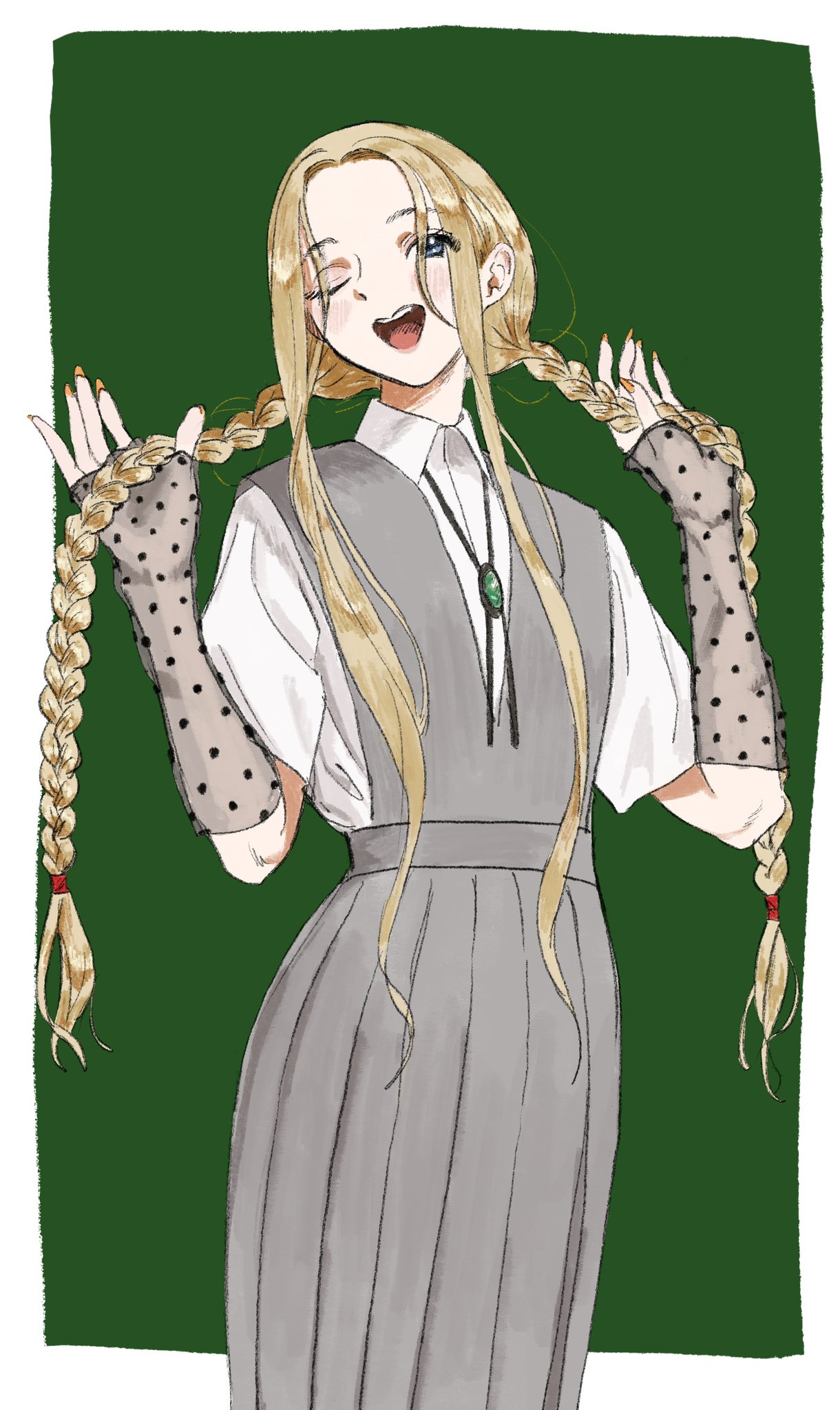1girl, arm_warmers, blonde_hair, blue_eyes, blush, bolo_tie, braid, collared_shirt, cowboy_shot, dress, fingernails, fuyuki_manon_(gomibako_(gomibako_price)), gomibako_(gomibako_price), green_background, grey_dress, highres, long_fingernails, long_hair, looking_at_viewer, loose_hair_strand, low_twintails, one_eye_closed, open_mouth, orange_nails, original, pinafore_dress, pleated_skirt, polka_dot, round_teeth, shirt, short_sleeves, skirt, sleeveless, sleeveless_dress, solo, teeth, twin_braids, twintails, white_shirt