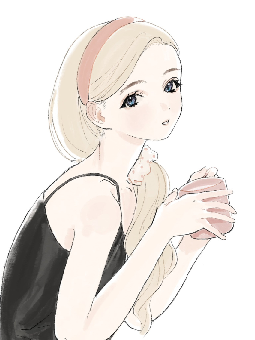 1girl, black_shirt, blonde_hair, blue_eyes, collarbone, cup, from_side, fuyuki_manon_(gomibako_(gomibako_price))