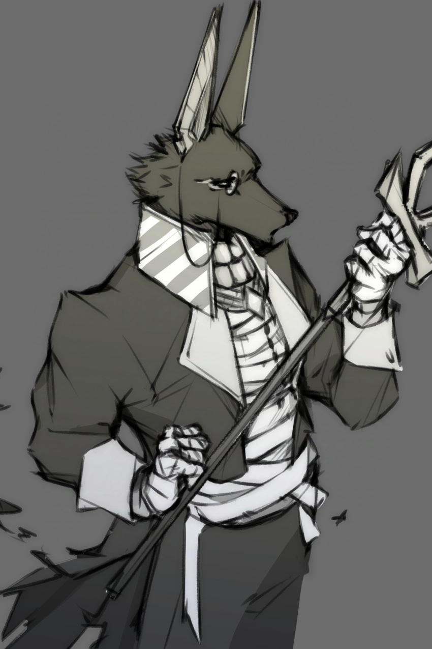1boy, animal_ears, ankh, bandaged_hand, bandaged_torso, bandages, coat, dislyte, drew_(anubis)_(dislyte), english_commentary, furry, furry_male, greyscale, highres, holding, holding_weapon, jackal_boy, jackal_ears, male_focus, monochrome, monocle, nadhilm, pants, weapon