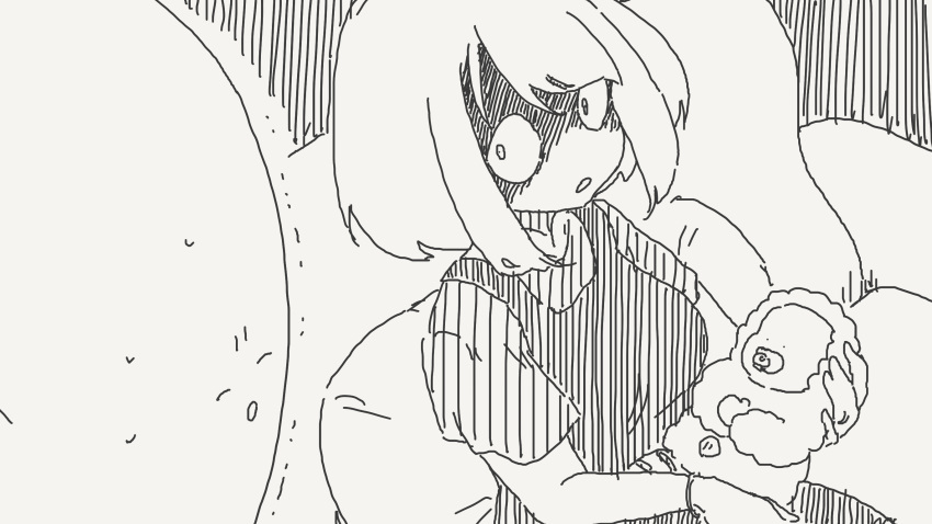 1boy, 1girl, :o, ^_^, averting_eyes, baby, baby_carry, bald