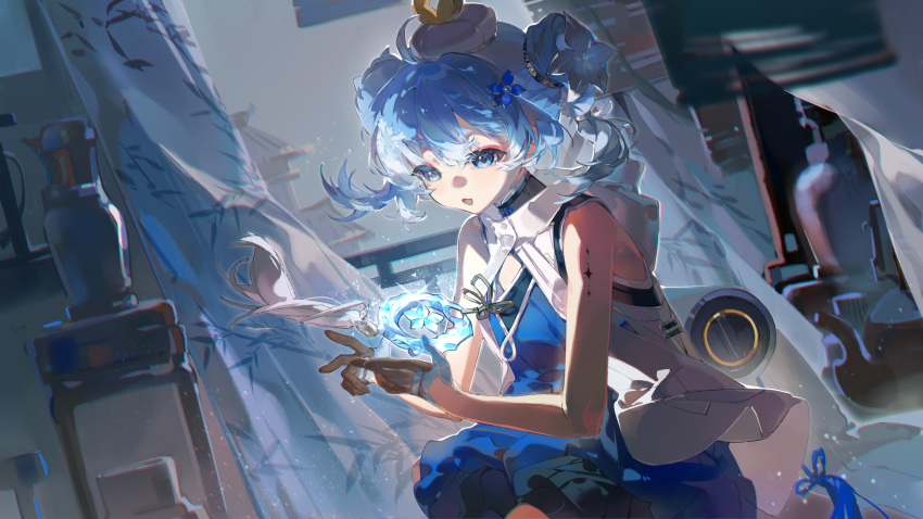 1girl, :d, absurdres, bare_arms, bare_shoulders, black_shorts, blue_eyes, blue_flower