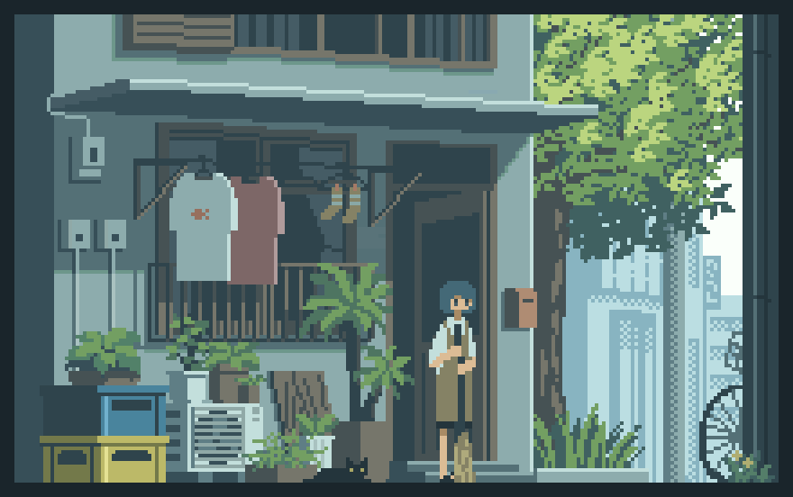 1girl, air_conditioner, animal, animated, animated_gif, apron, bicycle, blinking