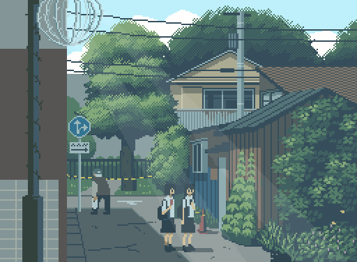 2boys, 2girls, animated, animated_gif, bicycle, bird, black_hair, black_skirt, bug, building, butterfly, day, dithering, holding, holding_phone, house, light_rays, looping_animation, mejwh, multiple_boys, multiple_girls, old, old_man, original, pavement, phone, pixel_art, plant, power_lines, riding, riding_bicycle, road_sign, scenery, school_uniform, sign, skirt, standing, tree, utility_pole, vines, wide_shot