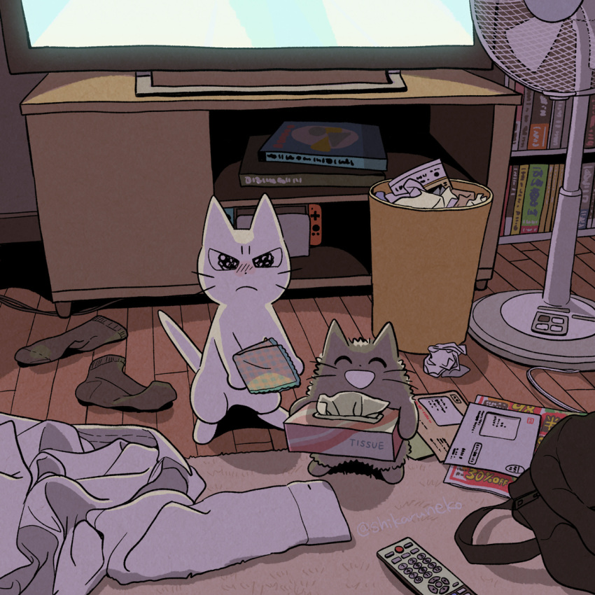 :d, animal, bag, black_bag, blush, bookshelf, cat, closed_eyes