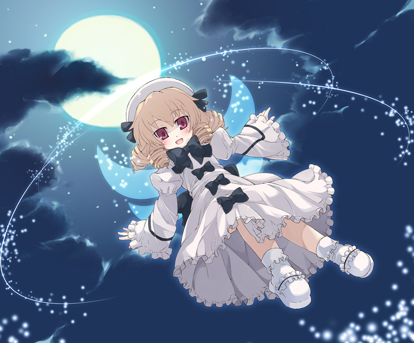 bad_id, blonde_hair, dress, drill_hair, fairy, from_below, full_moon, hat