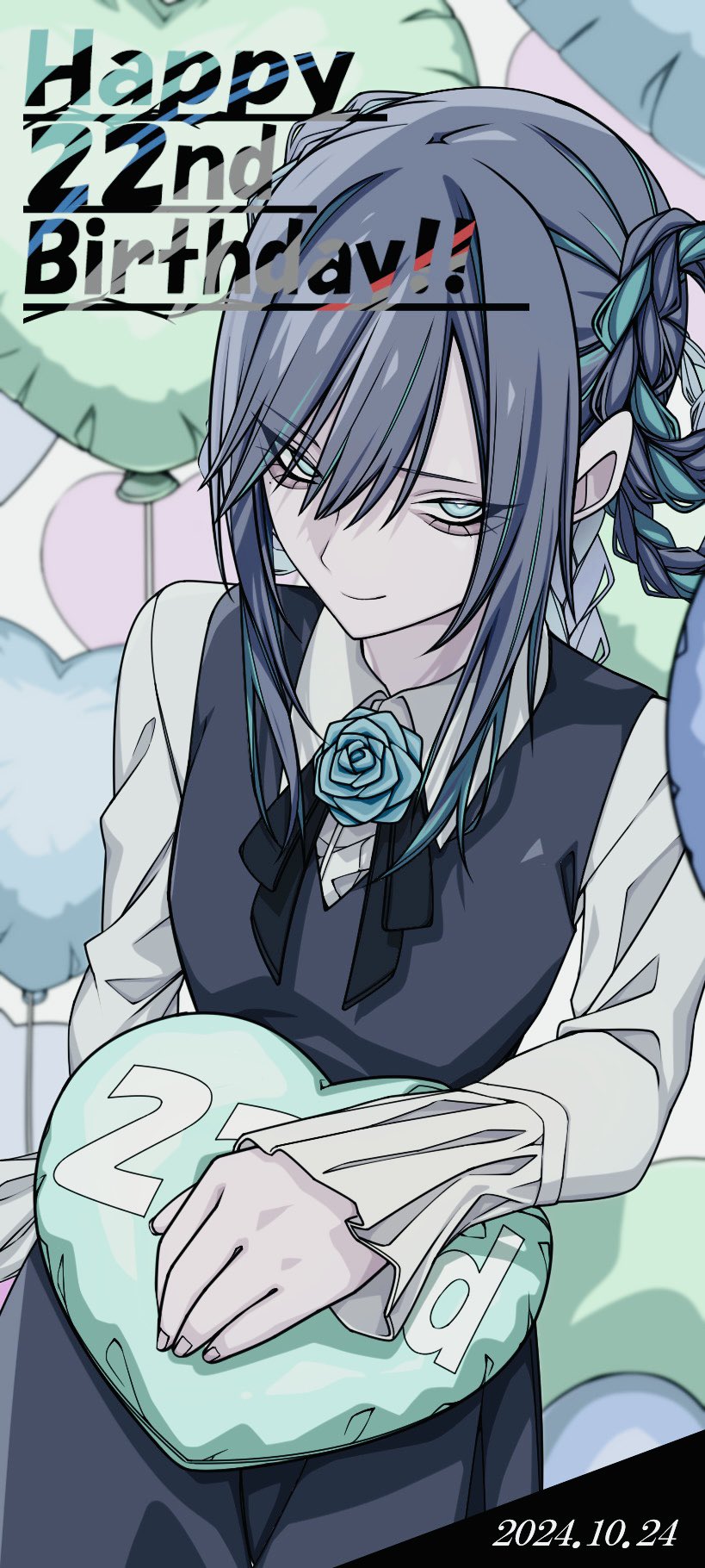 1girl, ado_(utaite), balloon, black_ribbon, blue_eyes, blue_flower, blue_pants, blue_rose