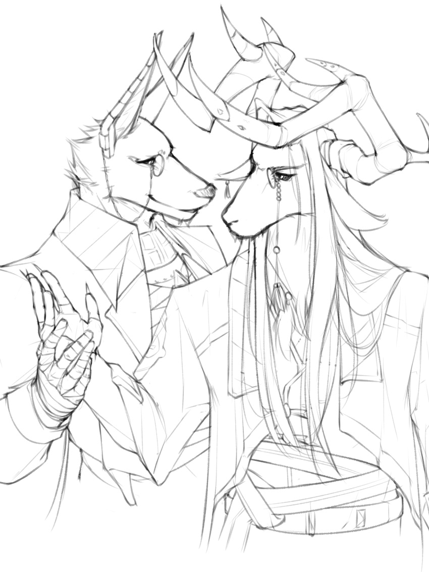 2boys, absurdres, animal_ears, bandaged_hand, bandages, coat, dislyte, drew_(anubis)_(dislyte)