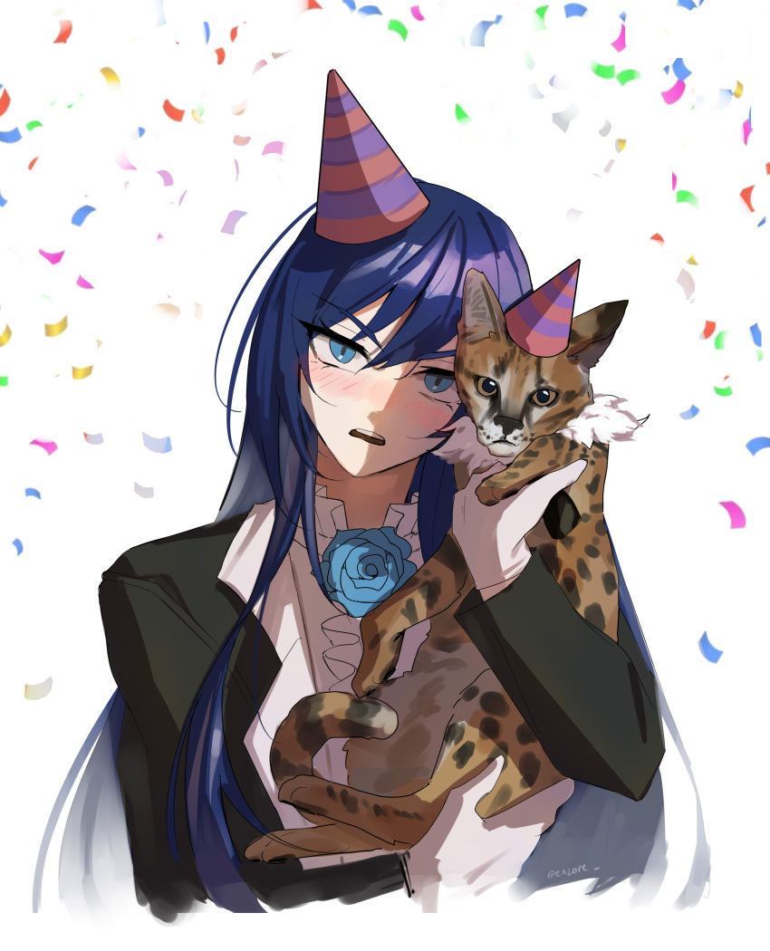 1girl, absurdres, ado_(utaite), animal, black_coat, blue_eyes, blue_flower, blue_hair