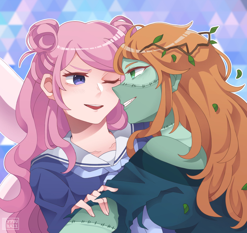 2girls, blue_serafuku, breasts, colored_skin, commentary, couple, double_bun, english_commentary, eye_contact, fairy, fairy_wings, green_eyes, green_skin, hair_bun, highres, interspecies, ldshadowlady, long_hair, looking_at_another, medium_breasts, minecraft_youtube, monster_girl, multiple_girls, one_eye_closed, orange_hair, pink_hair, school_uniform, serafuku, stitches, traffic_life_series, very_long_hair, violet_eyes, watermark, wings, yuri, yuu_(yyuuraii), zombie, zombiecleo